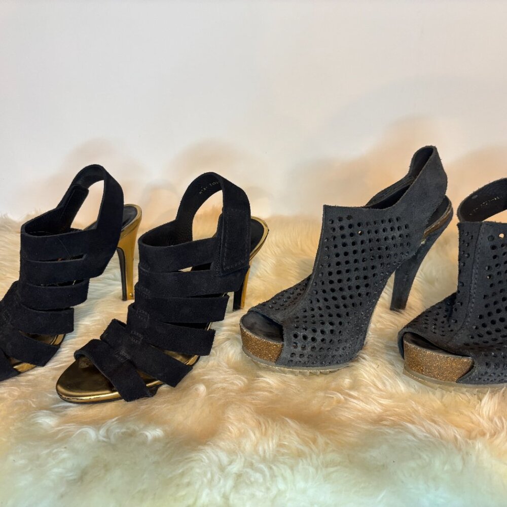 PEDRO GARCIA. Two pairs of sandals, black suede is 36 and charcoal is 36.5.